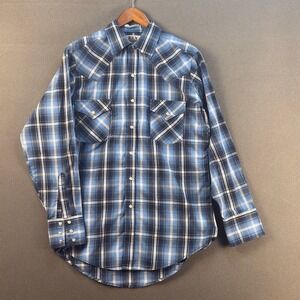 ELY CATTLEMAN Men's M Blue Silver Plaid Western Pearl Snap‎ Shirt Long Sleeve
